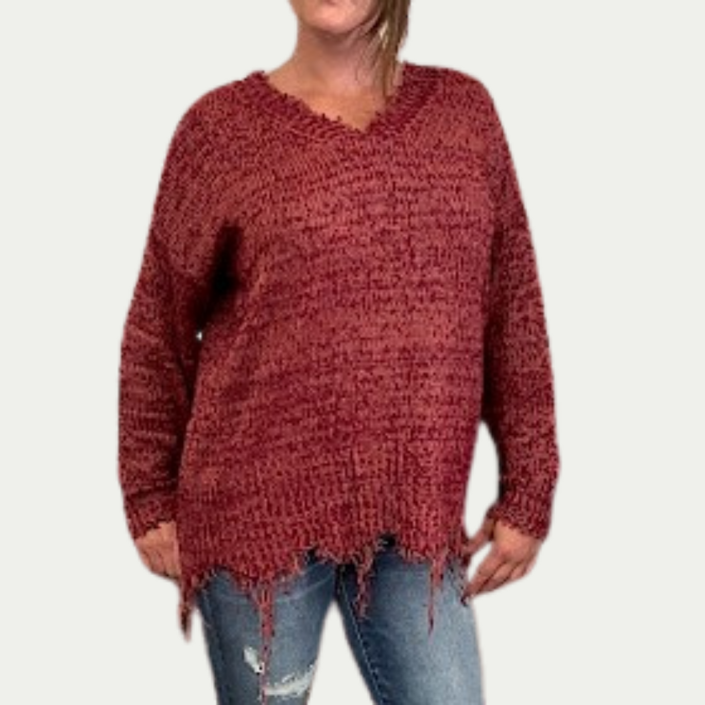 V-Neck Long Sleeve Knit Pullover Sweater with Frayed Hem