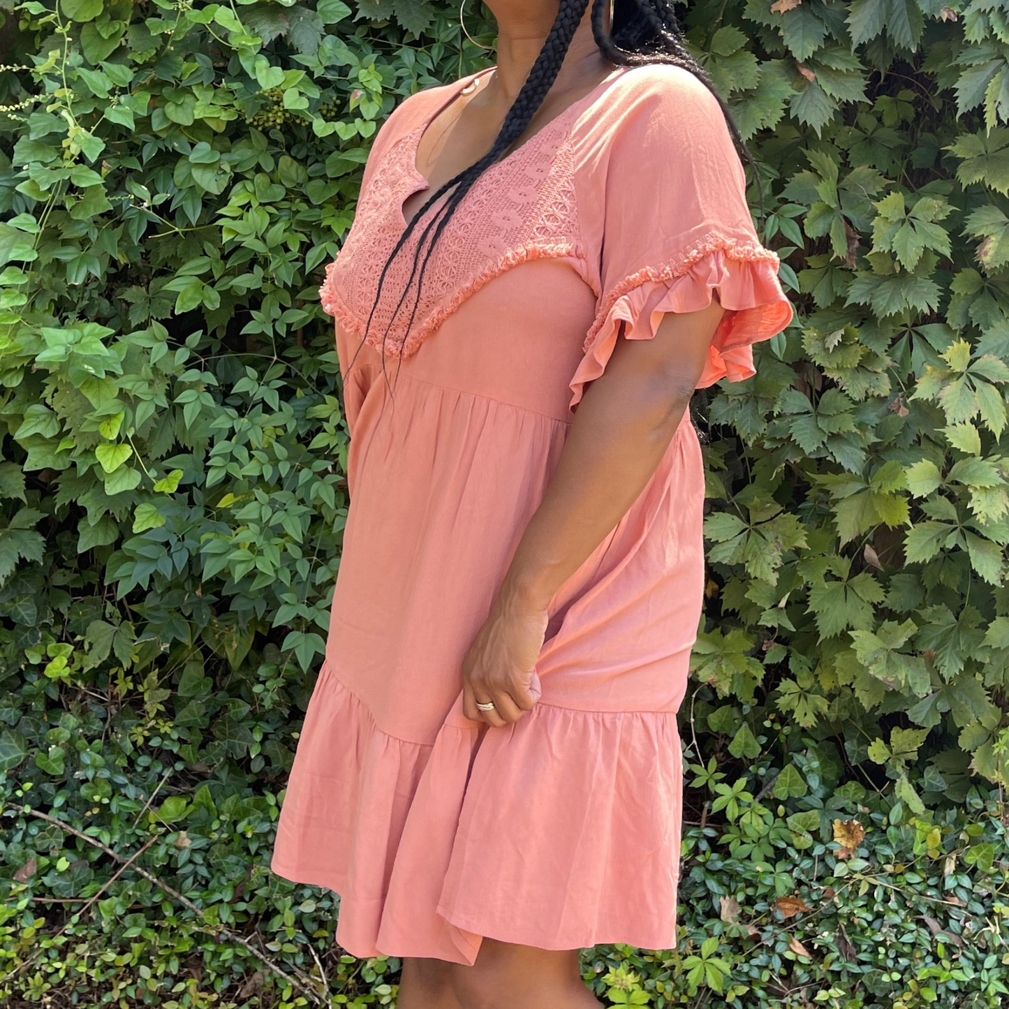 Embroidered Yoke Split Neck Short Ruffled-Peach