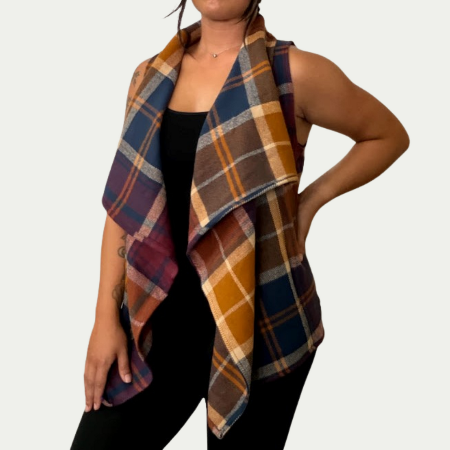 Mustard Blue Maroon Plaid Flowy Vest