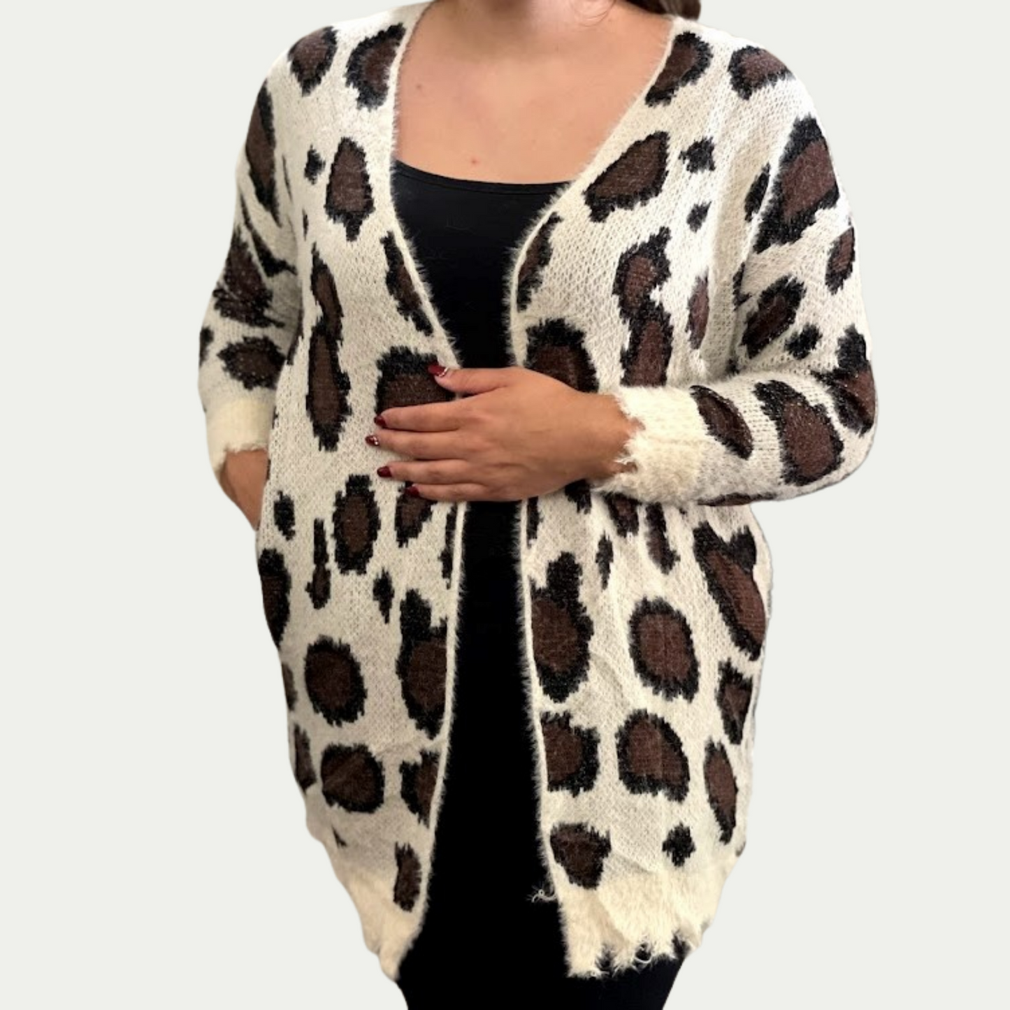 Animal Print Open Front Cardigan Sweater with Distressed Hem Cream Mix