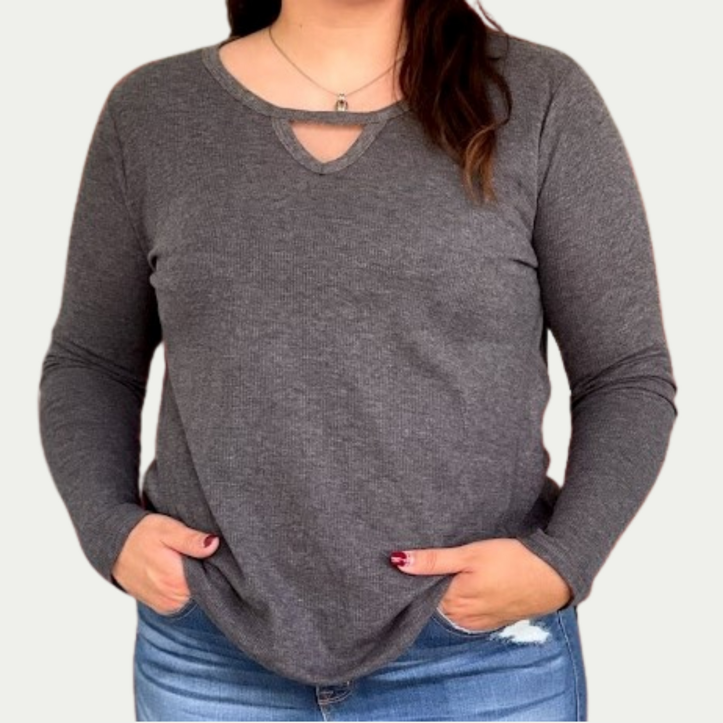 Round neck Front Cut out Detail Waffle Knit Top in Grey