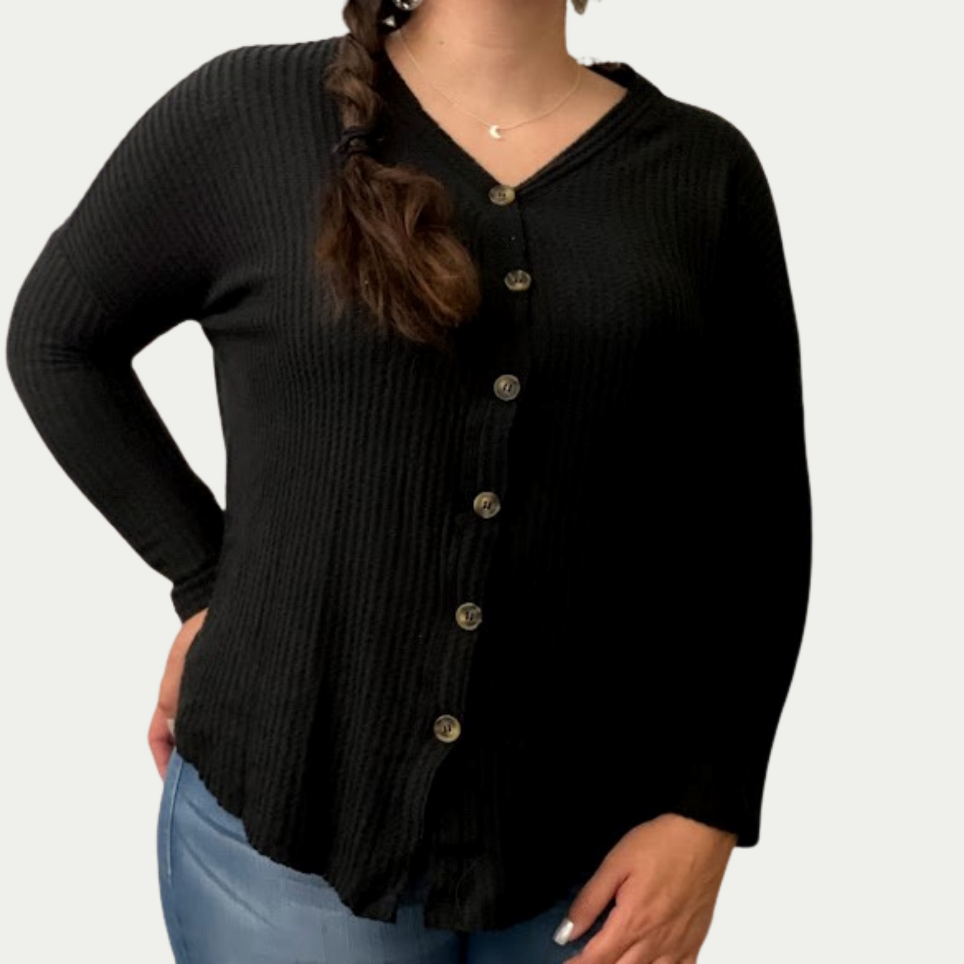 Long Sleeve Fleece Waffle Knit Cardigan in black