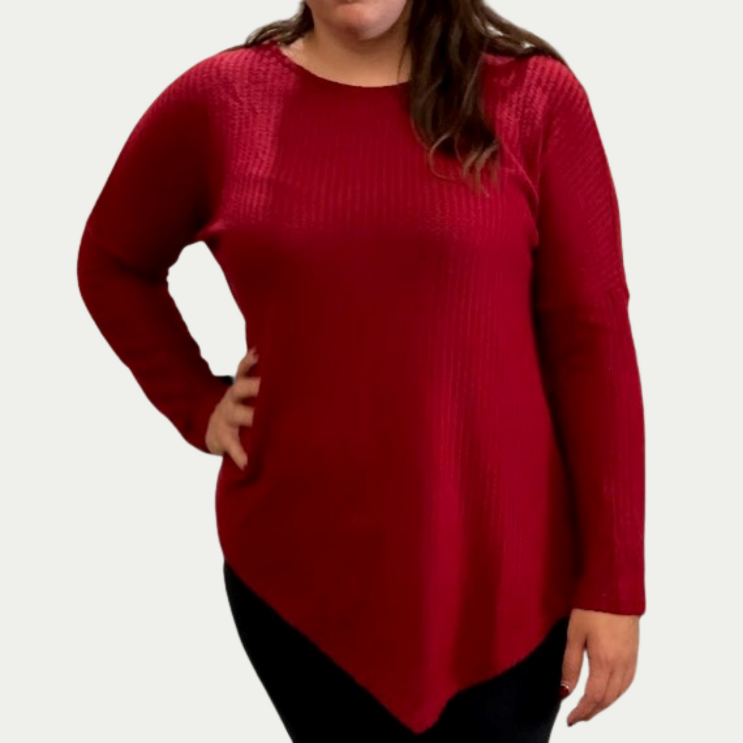 Jester Red Long Sleeve Round Neck Top with Asymmetrical Hem